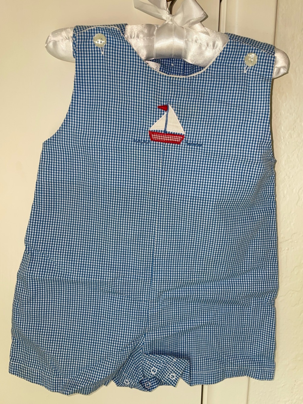 Petit Ami Blue Gingham Sailboat Romper